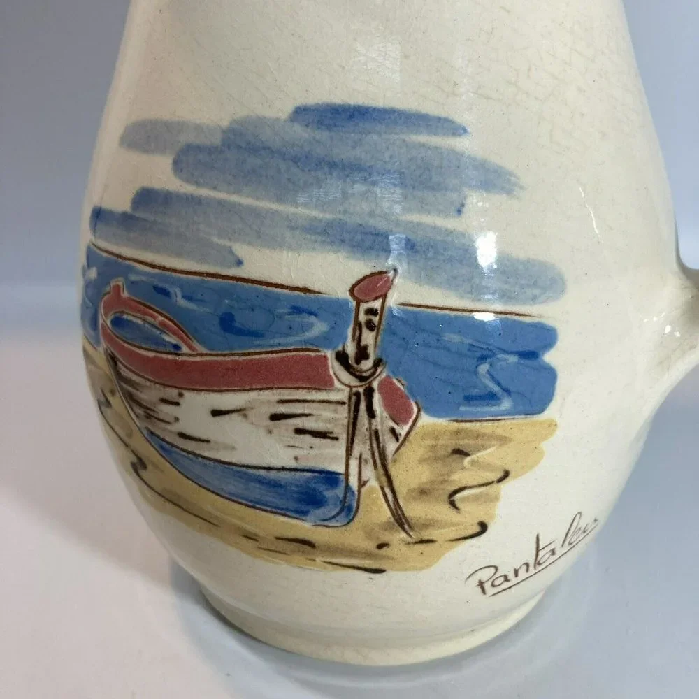 Ceramiques Signed Pantaleu Pitcher Vase Spain Glazed Cream Blue Beach‎ Scene